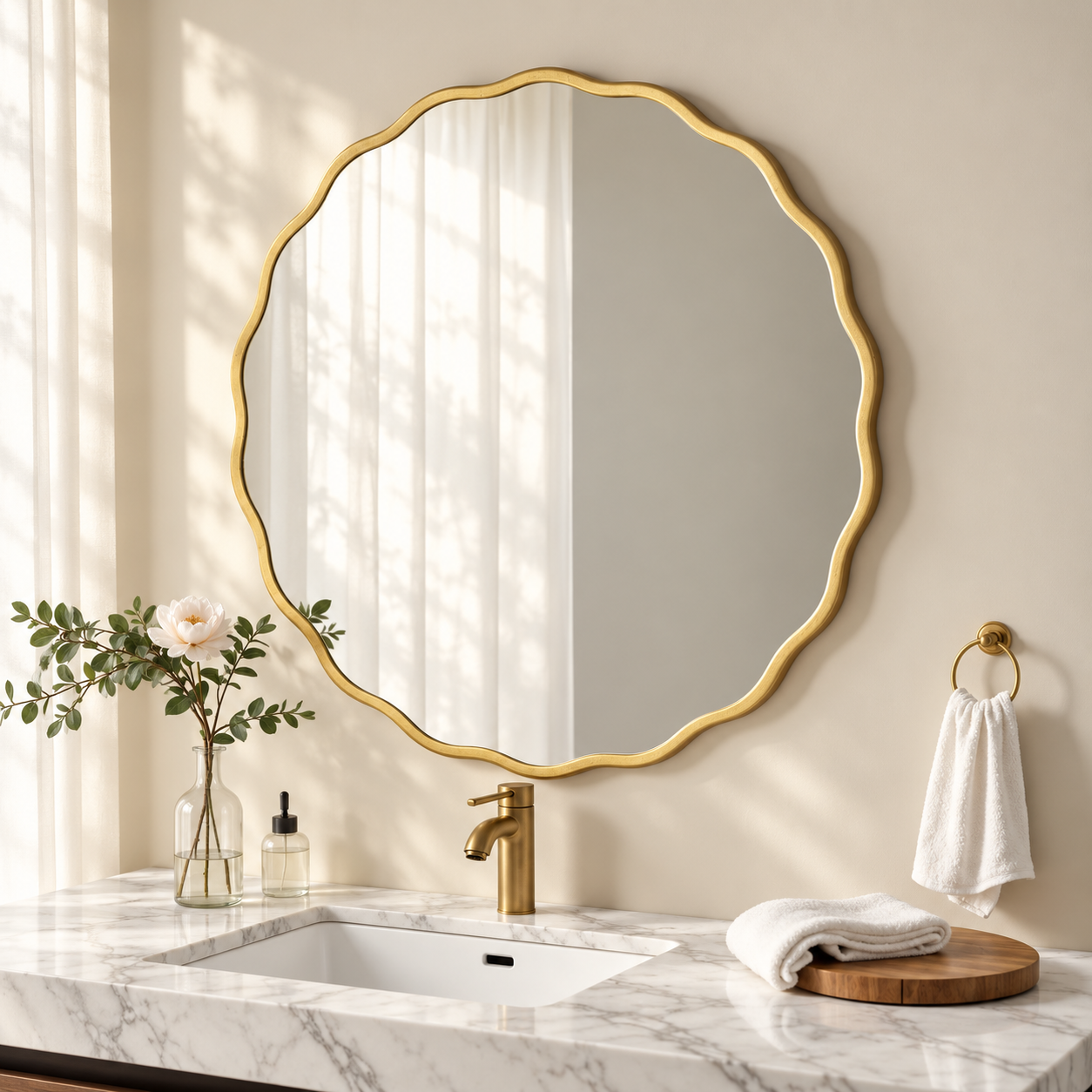 H HOMEWINS Gold Round Mirror for Wall 18 Inch Gold Circle Wavy Bathroom Farmhouse Vanity Wood Large Irregular Mirror for Bedroom,Entryway,Living Room