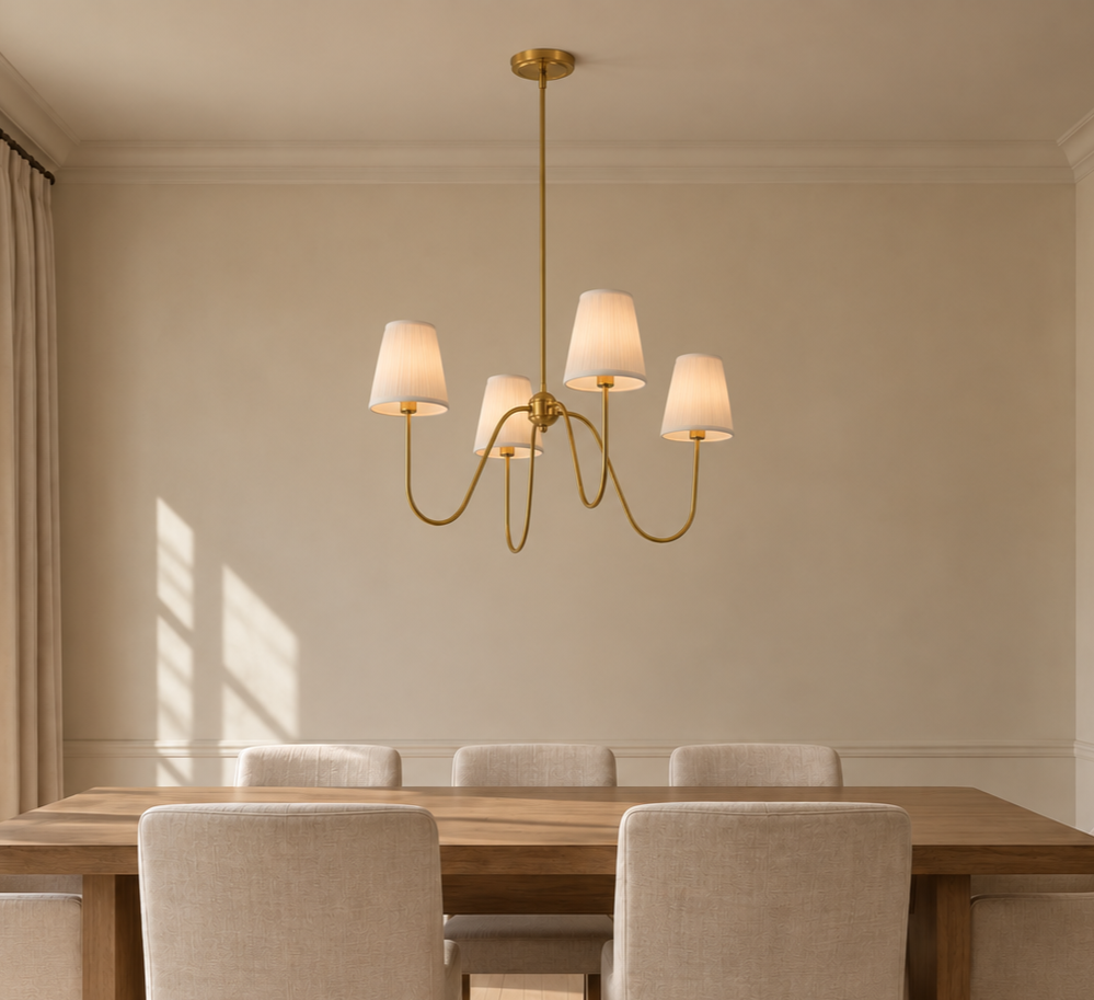 Electro bp;27"Dia 4-Arm White Pleated Fabric Shade Chandelier Polished Gold