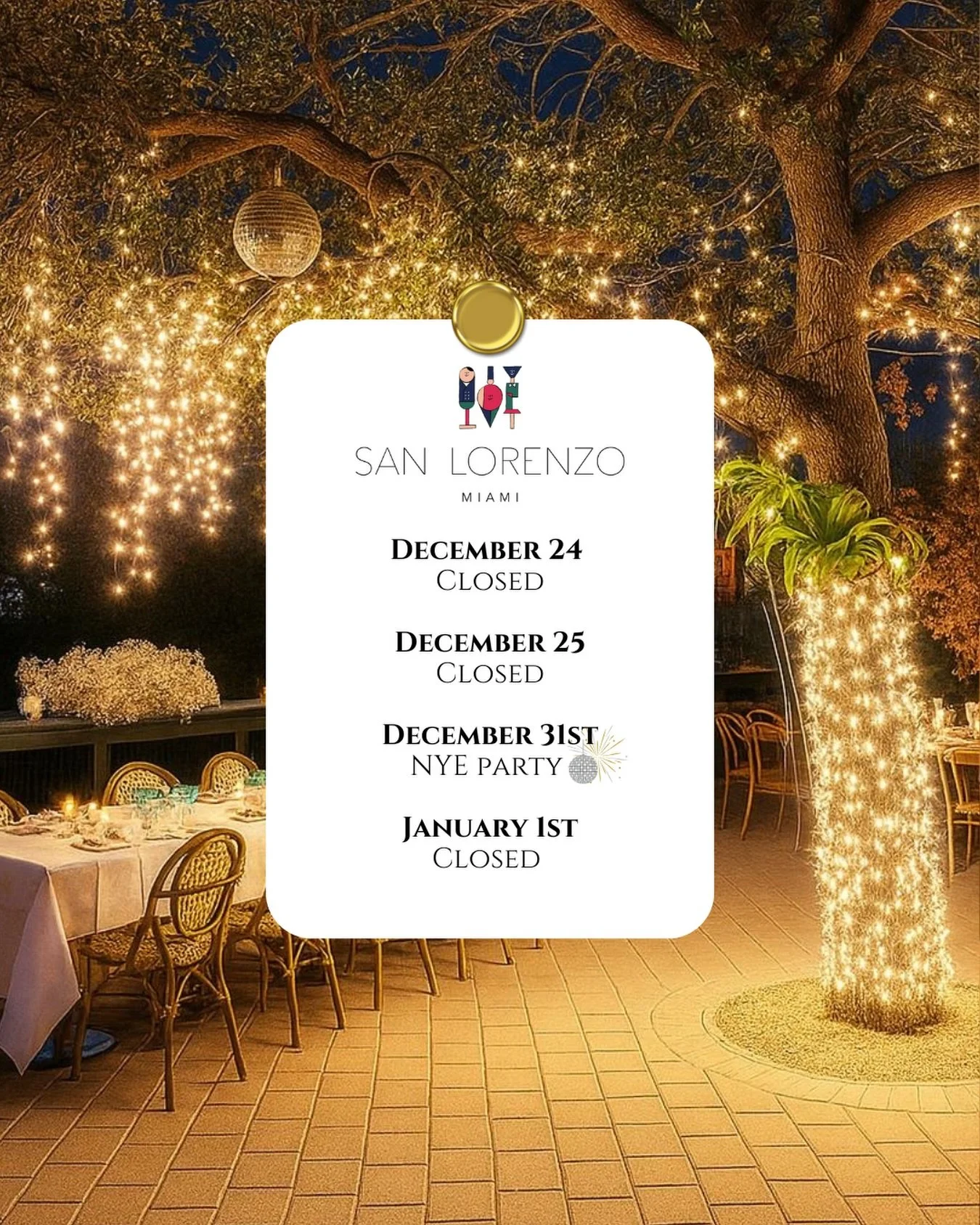 ✨ Happy Holidays ✨
Thank you for dining with us and for choosing San Lorenzo this season. As we approach December 24th and December 25th, please note that we will be closed on these dates.

We look forward to welcoming you back as we ring in the New 