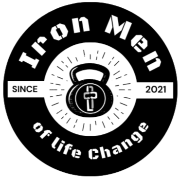 A circular logo with the text 'Iron Men of Life Change' around a kettlebell in the center, a barbell icon inside the kettlebell, and 'Since 2021' on a banner, representing a fitness or life coaching organization.