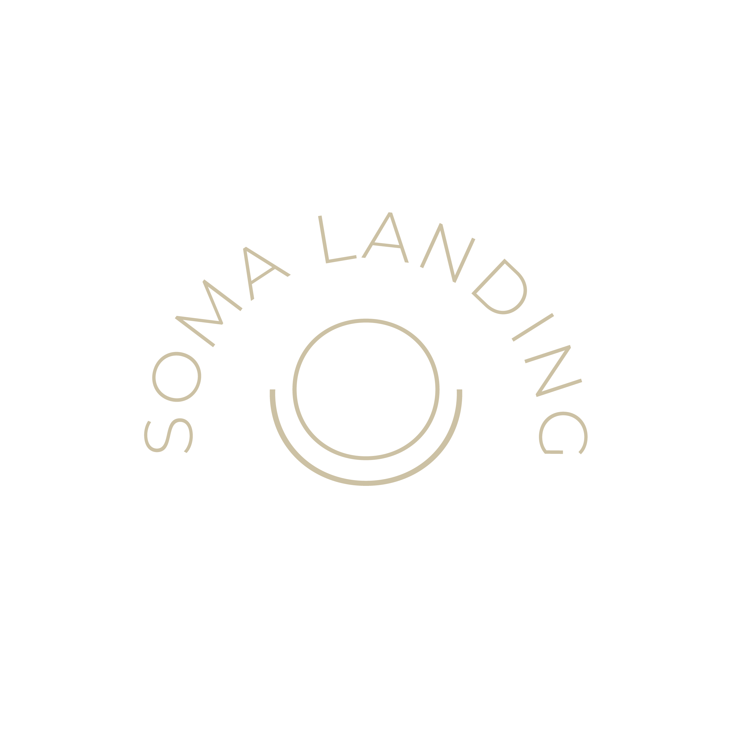 Logo for Soma Landing, featuring a circular design with the text 'Soma Landing' curved around a stylized circular symbol on a black background.