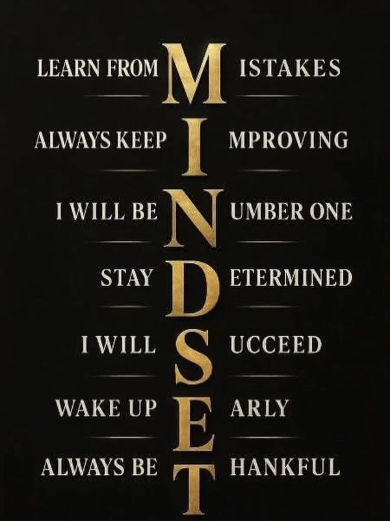 A motivational quote emphasizing the importance of learning from mistakes, continuous improvement, staying determined, succeeding, waking up early, and being thankful. The words 'MIND,' 'INSPIRE,' and 'STAY' are vertically aligned and highlighted in gold.