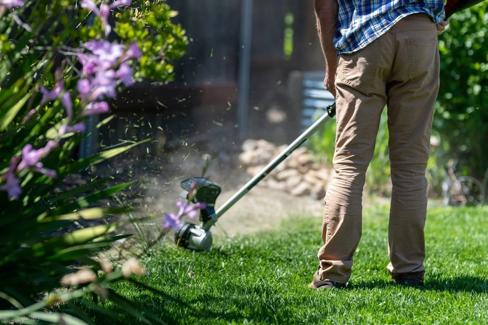 Person using a weed whacker or string trimmer to trim grass or weeds in a garden, with purple flowering plants in the foreground and green trees in the background.
