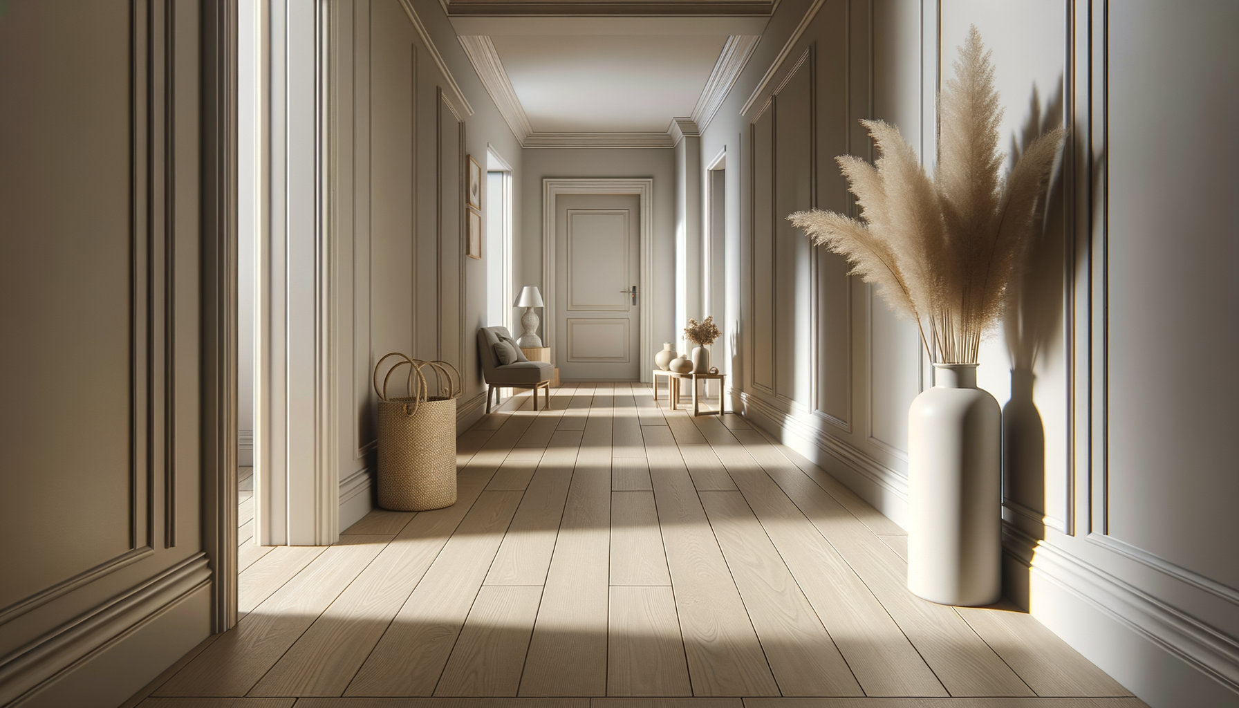 Bright and neutral-toned hallway with wooden flooring, white paneled walls, decorative moldings, a tall vase with pampas grass, small tables with vases, a cushioned bench, and a door at the end.