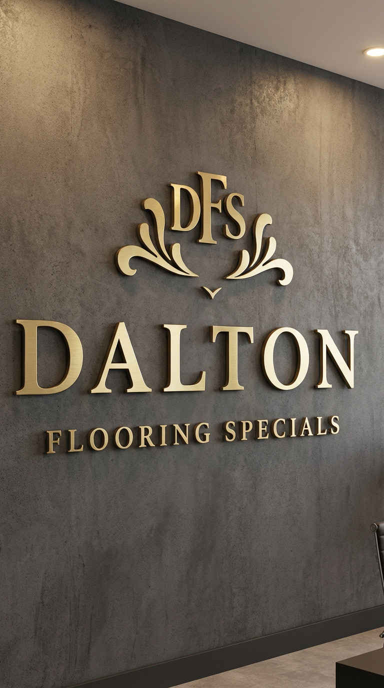 Sign on a wall that reads "DF$ DALTON FLOORING SPECIALS" in large gold letters with decorative gold accents, located in an indoor setting with a gray textured wall and ceiling lights.