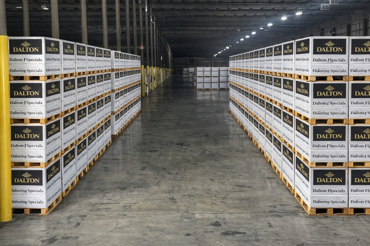 Warehouse aisle with stacked boxes labeled 'Dalton,' arranged on pallets along both sides of the aisle.