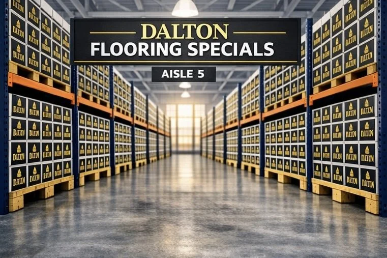 Warehouse aisle stocked with boxes labeled 'Dalton' for flooring supplies, aisle 5.