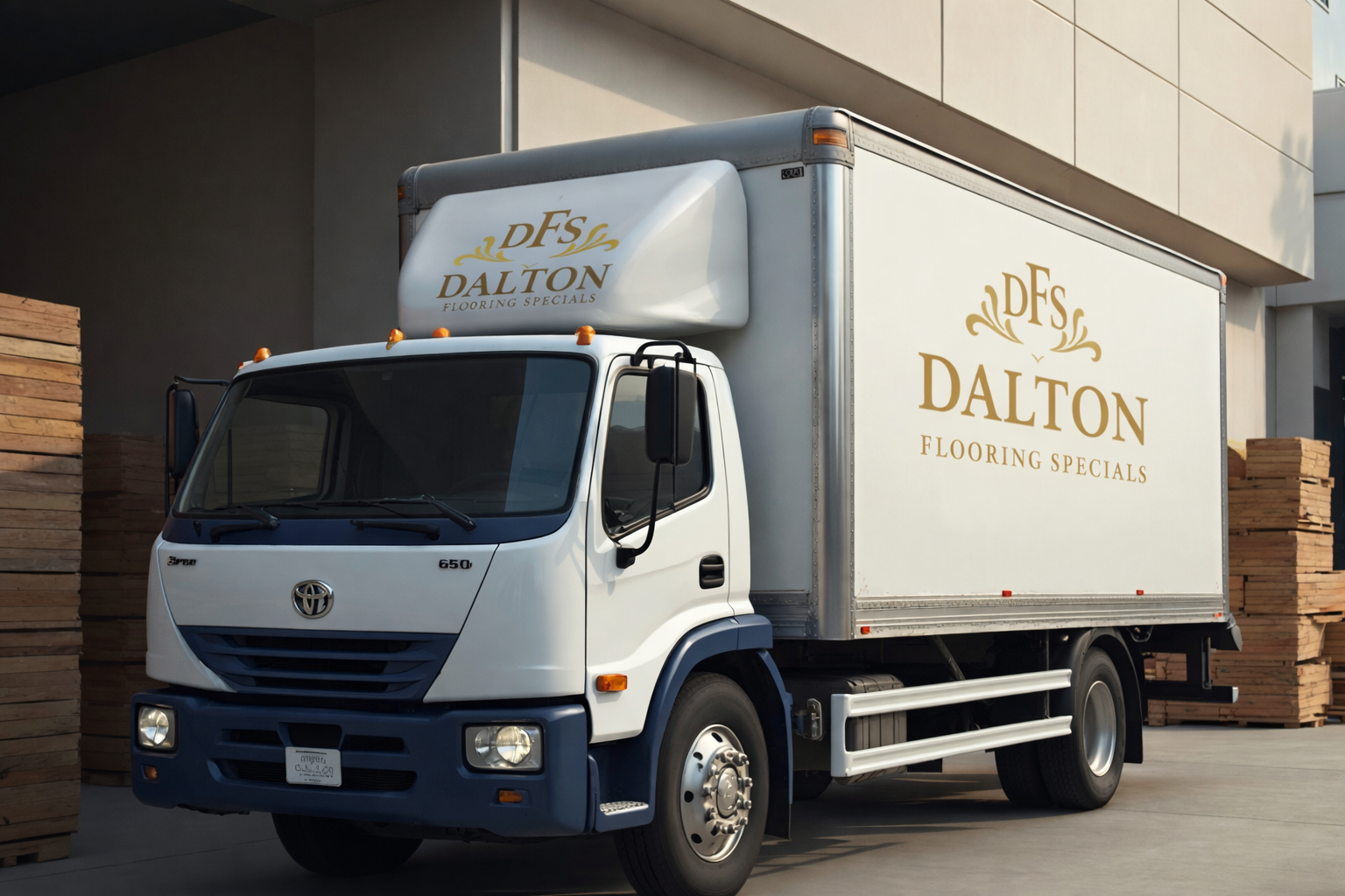 White delivery truck with Dalton Flooring Specials logo parked in a warehouse area with stacks of wooden flooring planks.