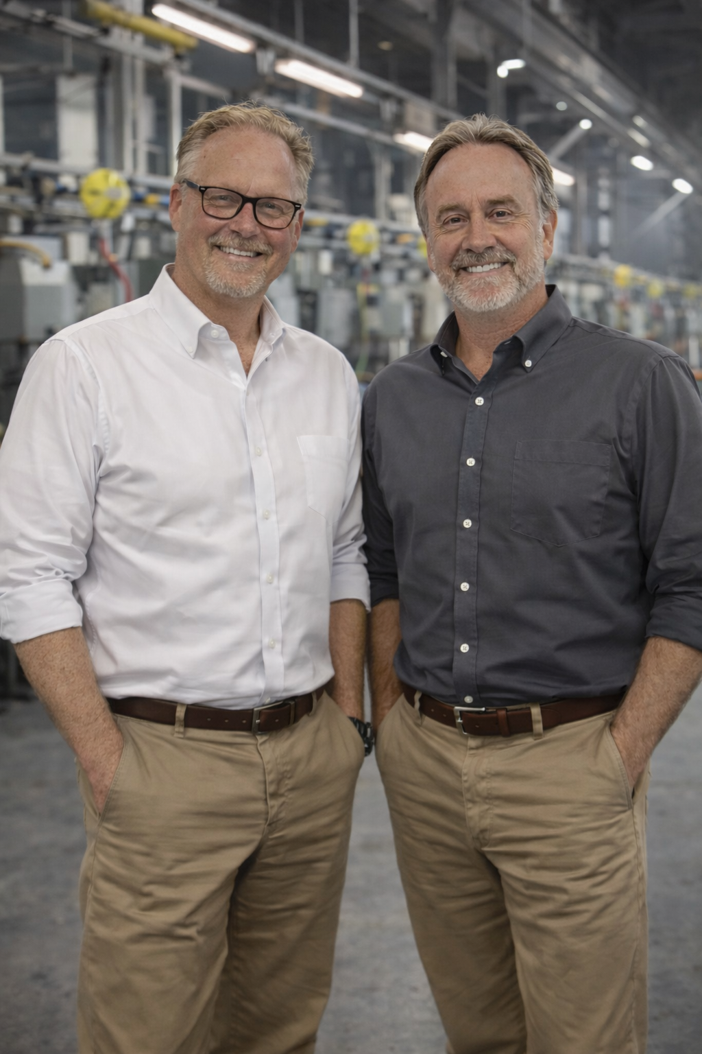Two smiling men standing inside an industrial or scientific facility.