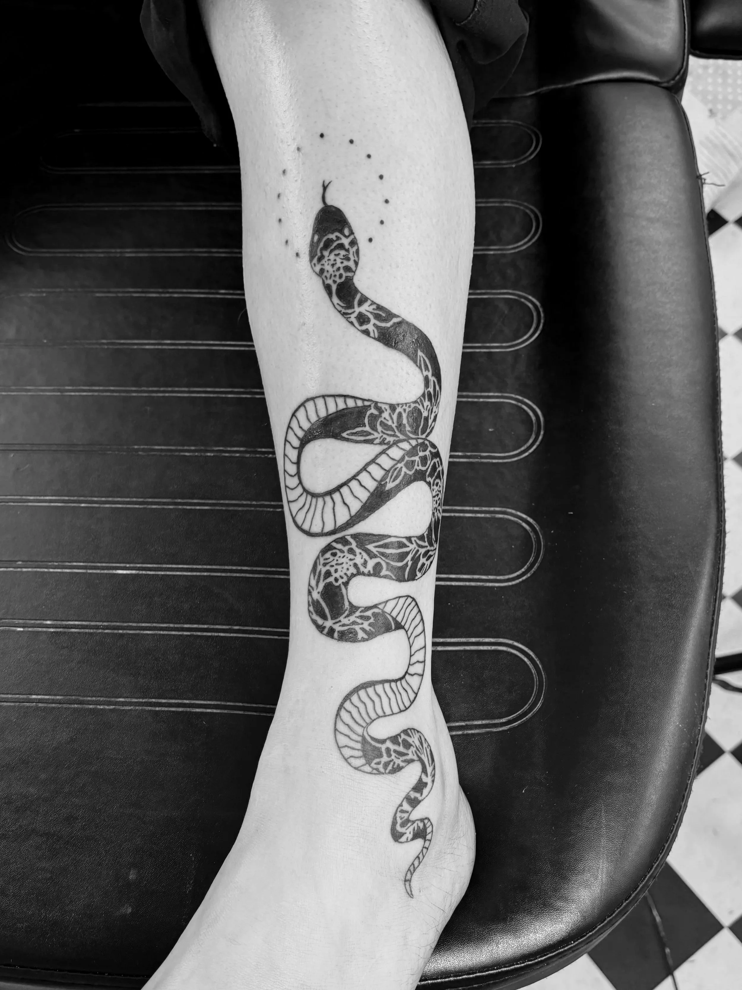 Ornamental snake tattoo on a calf in blackwork with dotwork shading