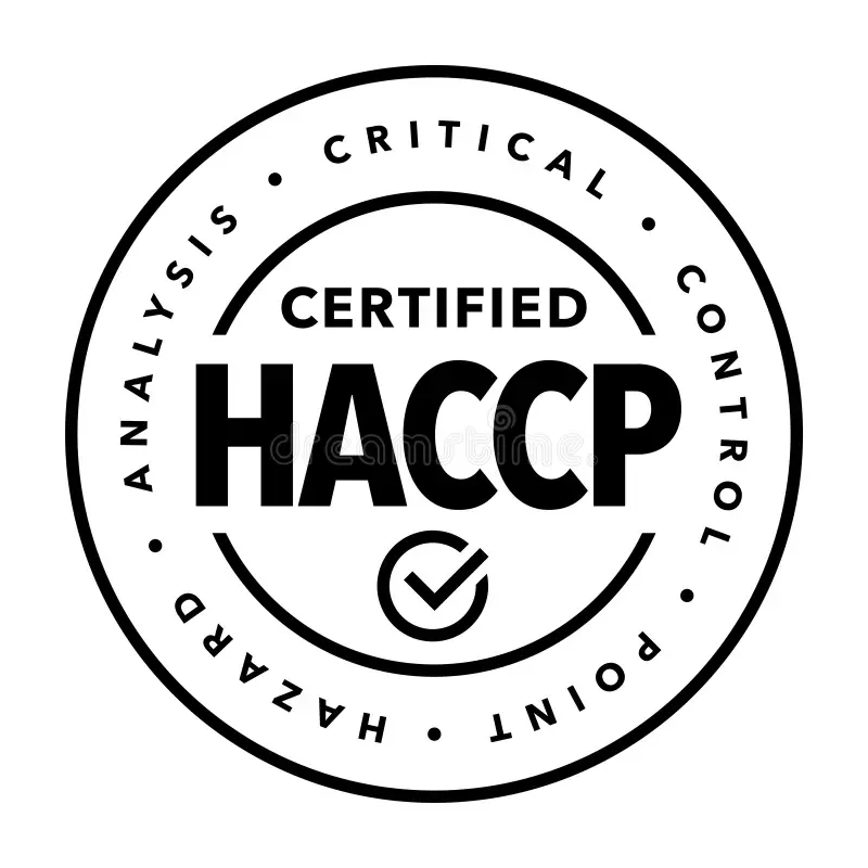 HACCP certification badge with circular design, includes the words 'Certified HACCP' in the center, surrounded by a ring listing 'Analysis, Critical Control Point, Hazard, Control'.