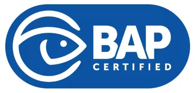 BAP Certified logo with a stylized eye and curved lines on a blue background
