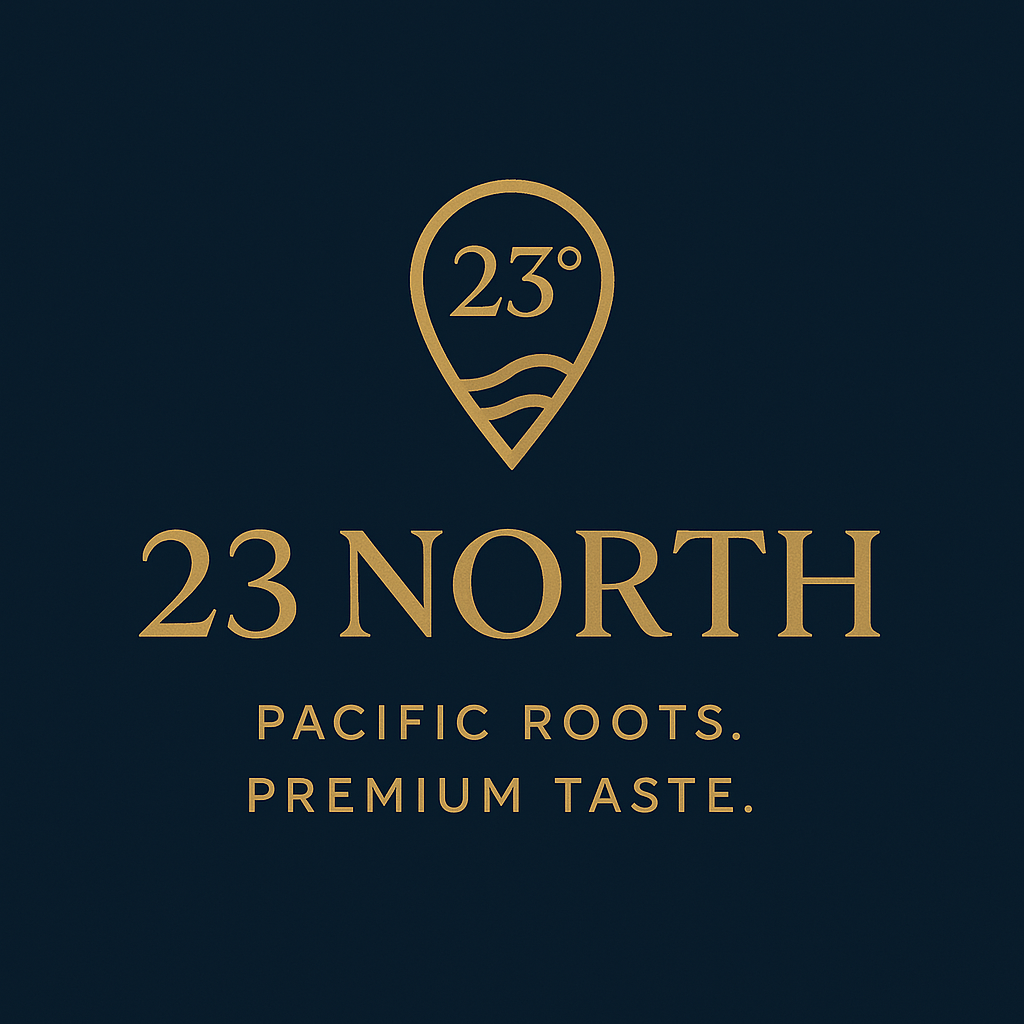 A dark background with gold text and logo, displaying "23°", "23 NORTH", and the phrases "Pacific roots" and "Premium taste".