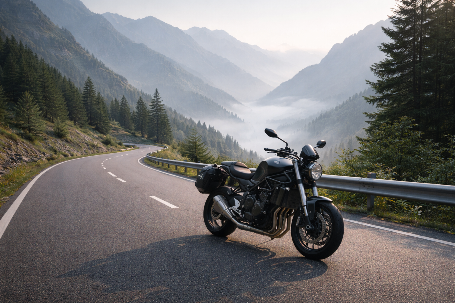 A black motorcycle parked on a winding mountain road with fog-covered mountains and trees in the background.