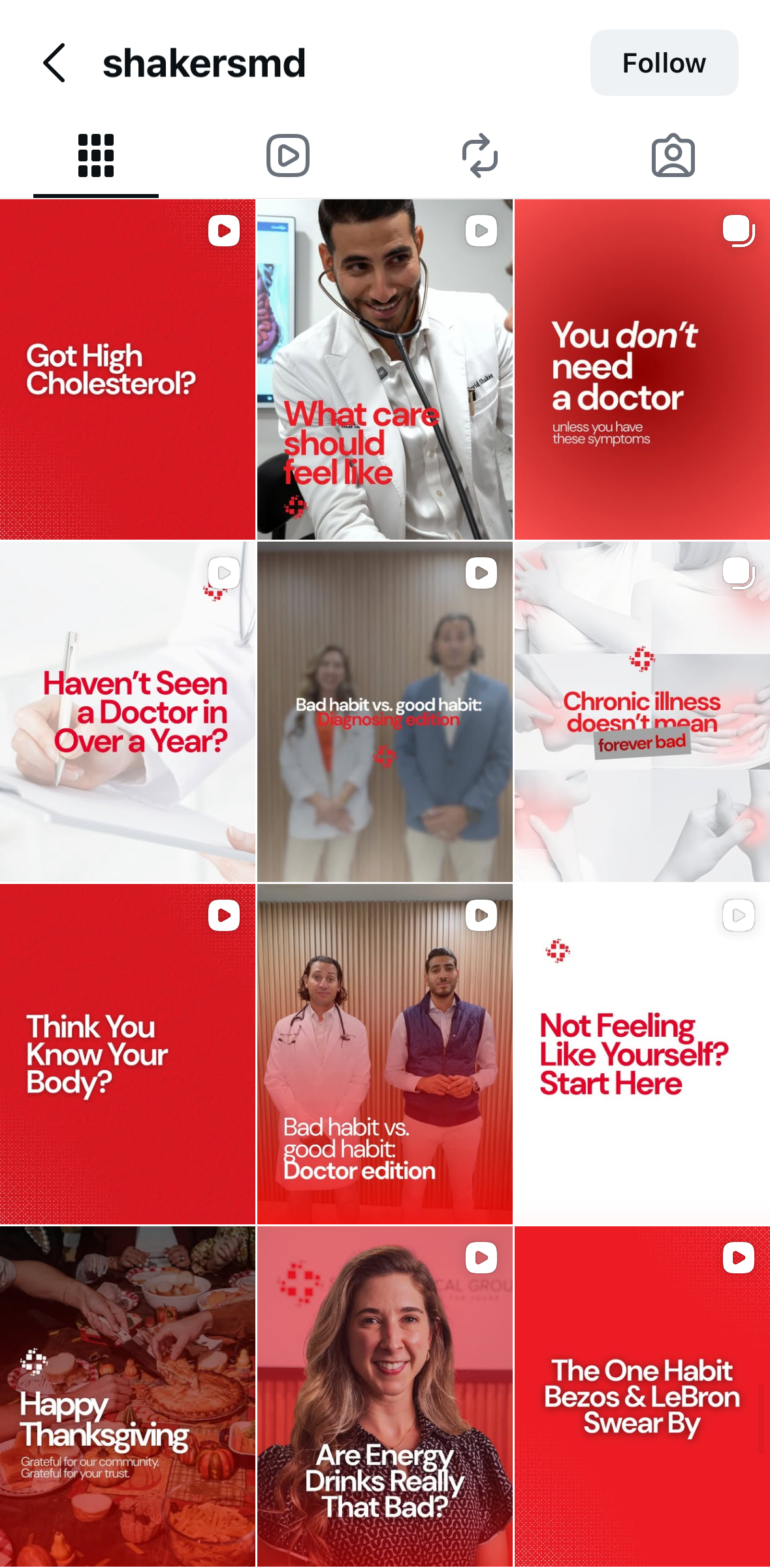 Social media profile page displaying health-related video thumbnails and text content, including questions about cholesterol, doctor visits, habits, and wellness tips, with some images of people and medical themes.