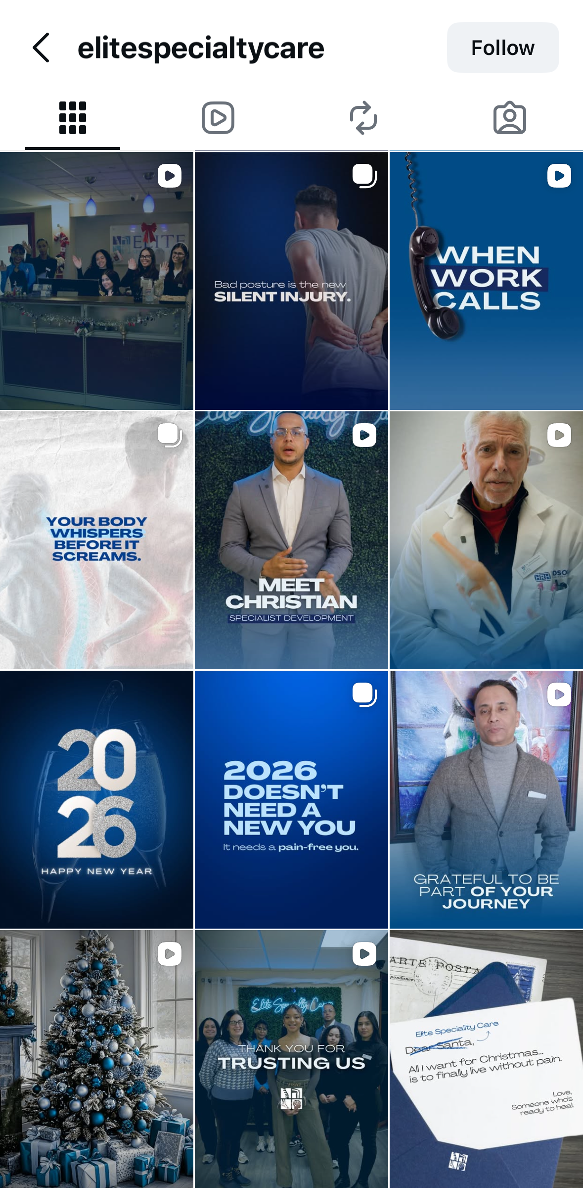Collection of social media posts and images related to Elite Specialty Care, including health, wellness, holiday, and team appreciation messages.