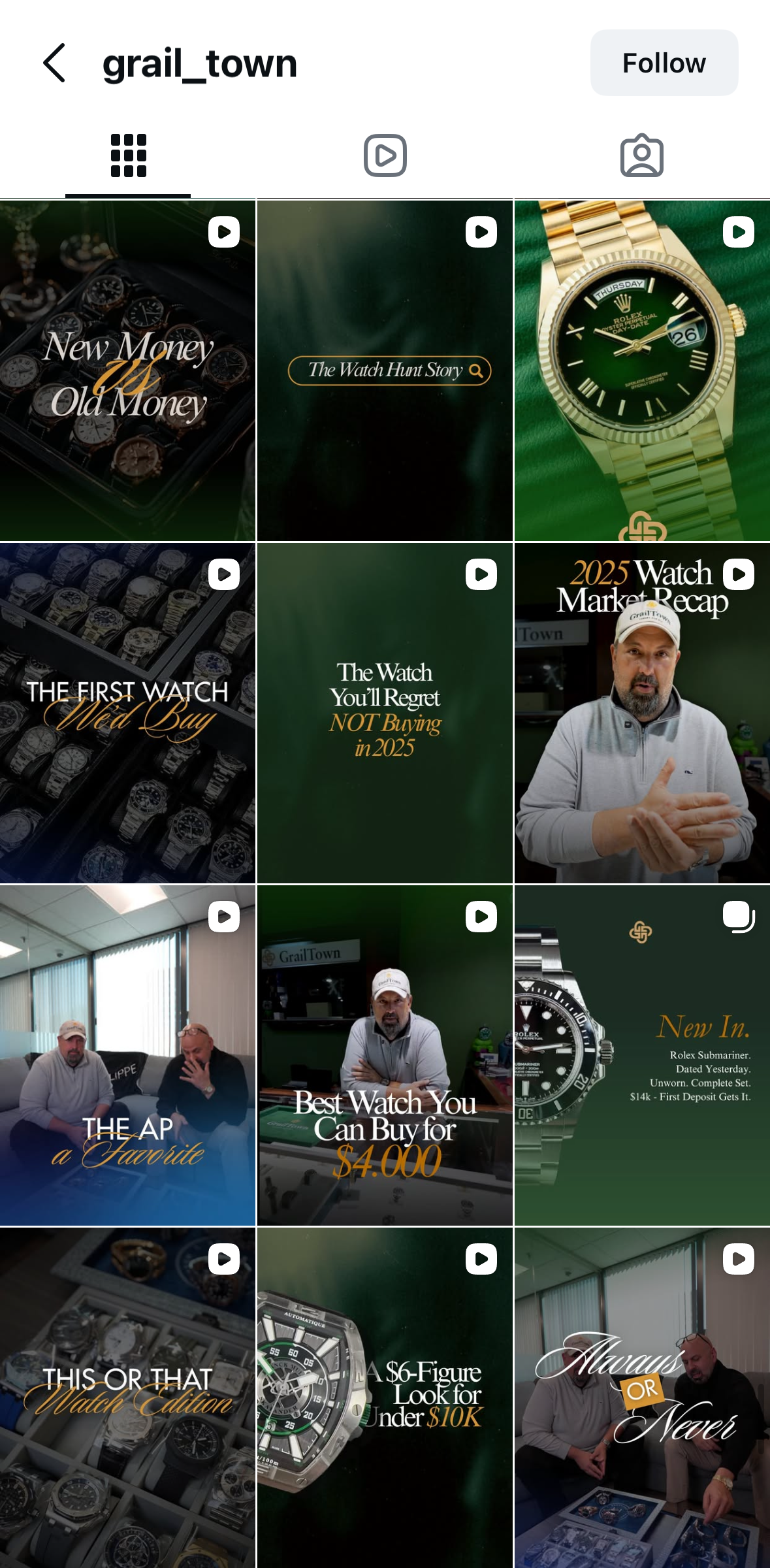 Instagram profile grid with nine images and videos showcasing watches and watch-related content, including watch displays, models, and a person discussing watches.