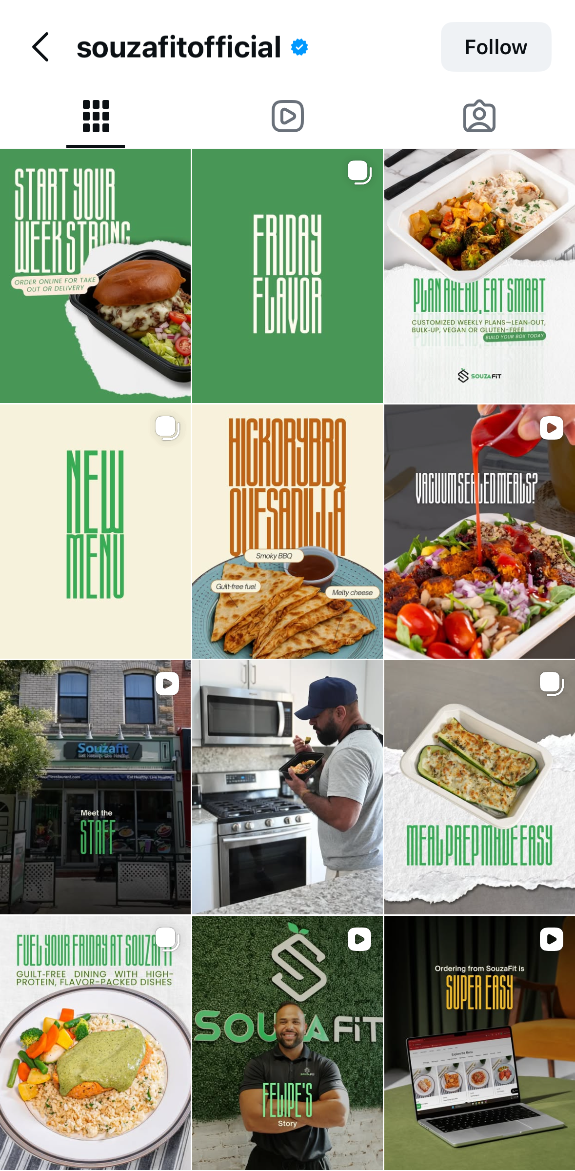 A collage of images and promotional posts for Souza Fit, a healthy meal delivery service. It includes pictures of meals, the storefront, a chef, and promotional text about menu options, online ordering, and staff, with a focus on healthy, finished meals.