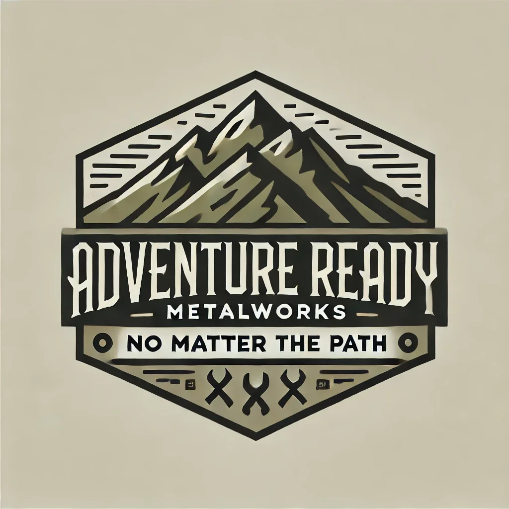 A logo for Adventure Ready Metalworks featuring a mountain illustration, the words "Adventure Ready" in large font, "Metalworks" below, and the slogan "No Matter the Path" at the bottom.