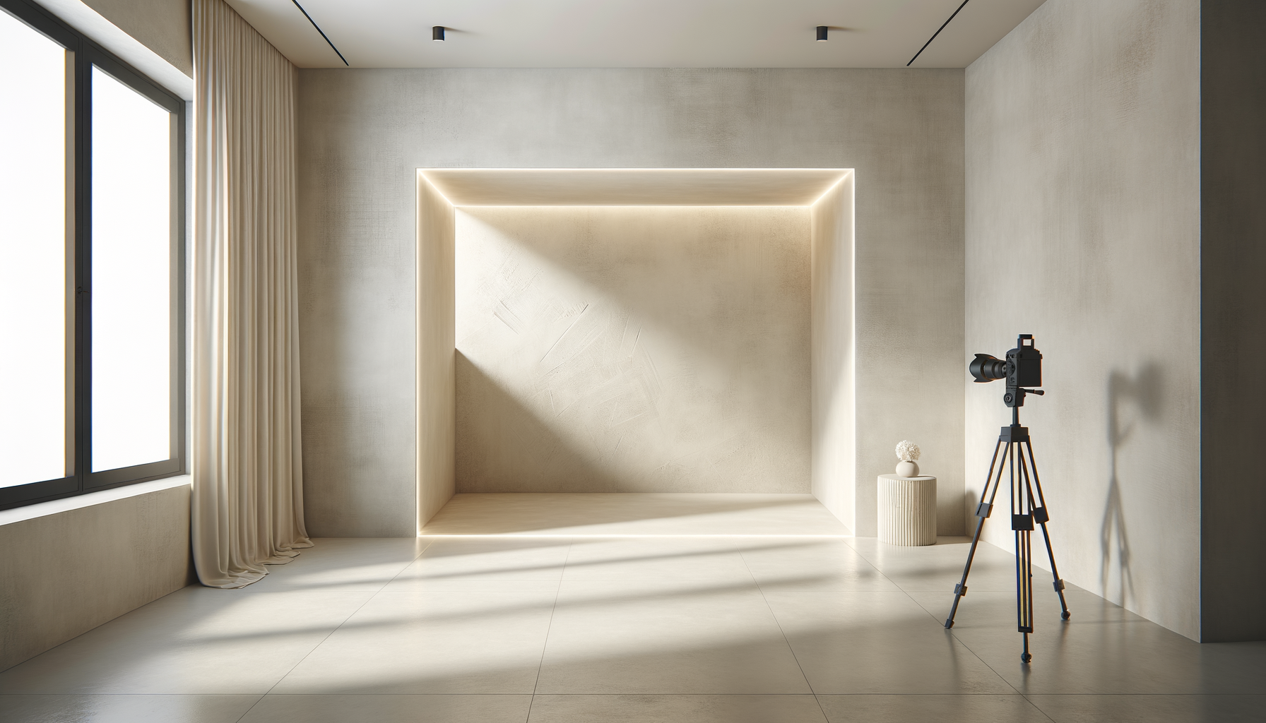Minimalist photography studio with beige walls, a large window with beige curtains, a camera on a tripod, and a small round table with a white flower arrangement.