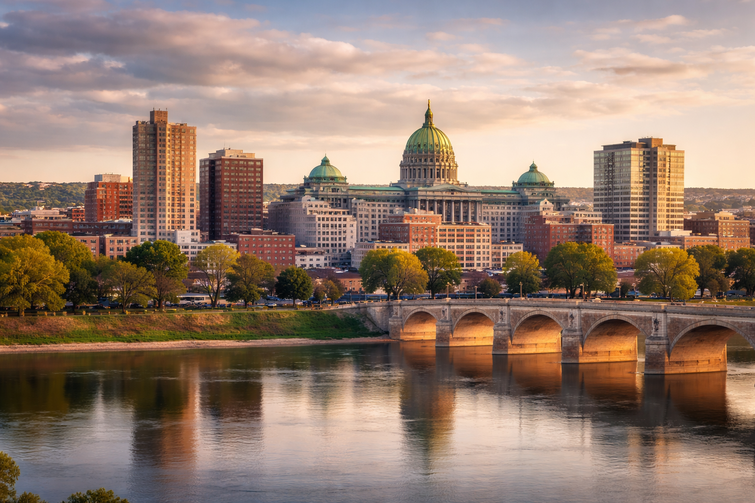 A city skyline featuring a large historic building with a green dome, modern high-rise buildings, a stone bridge over a river, and trees along the riverbank at sunset.