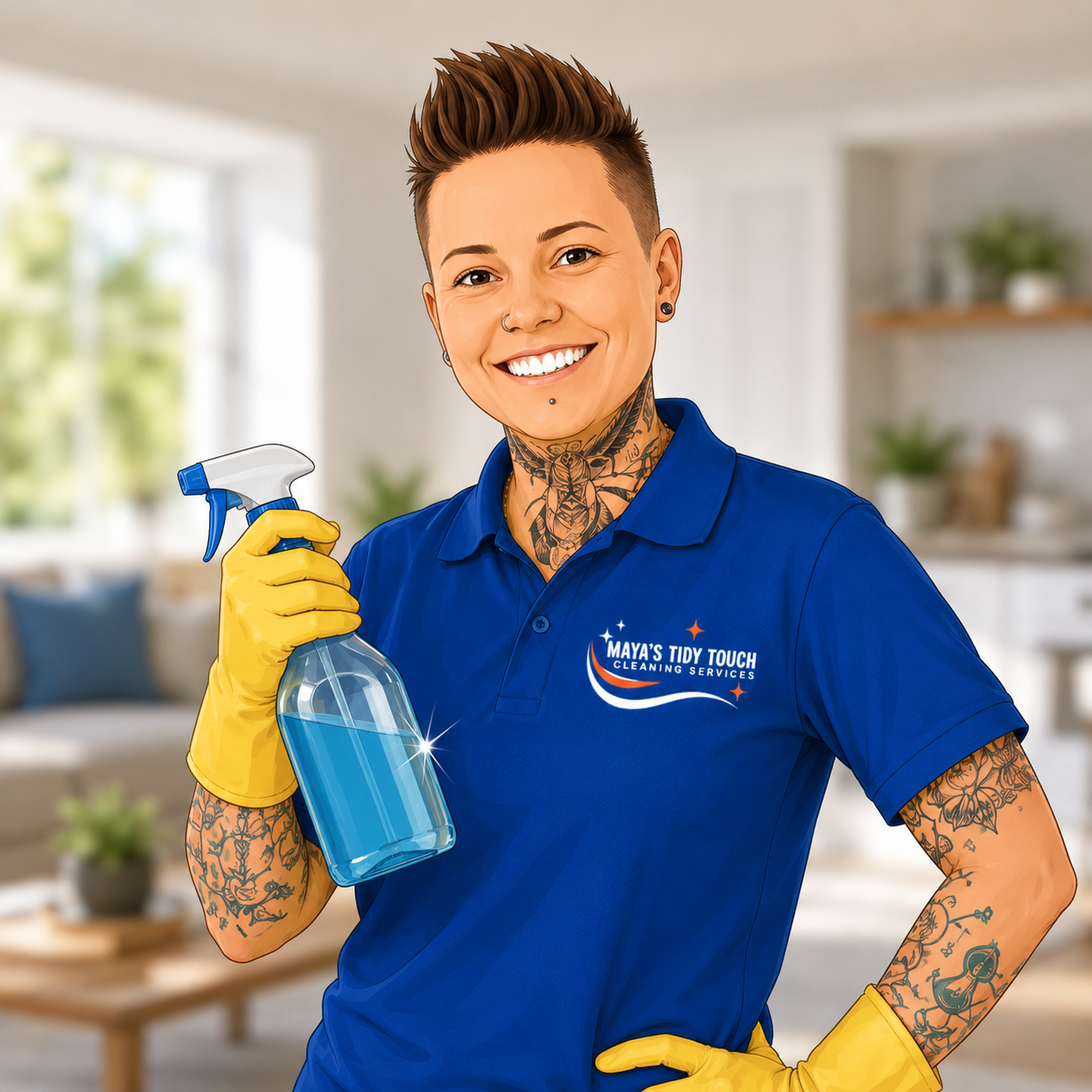 A smiling woman with tattoos, short spiky hair, and piercings wearing a blue cleaning service uniform holding a spray bottle, standing in a bright, modern living room.