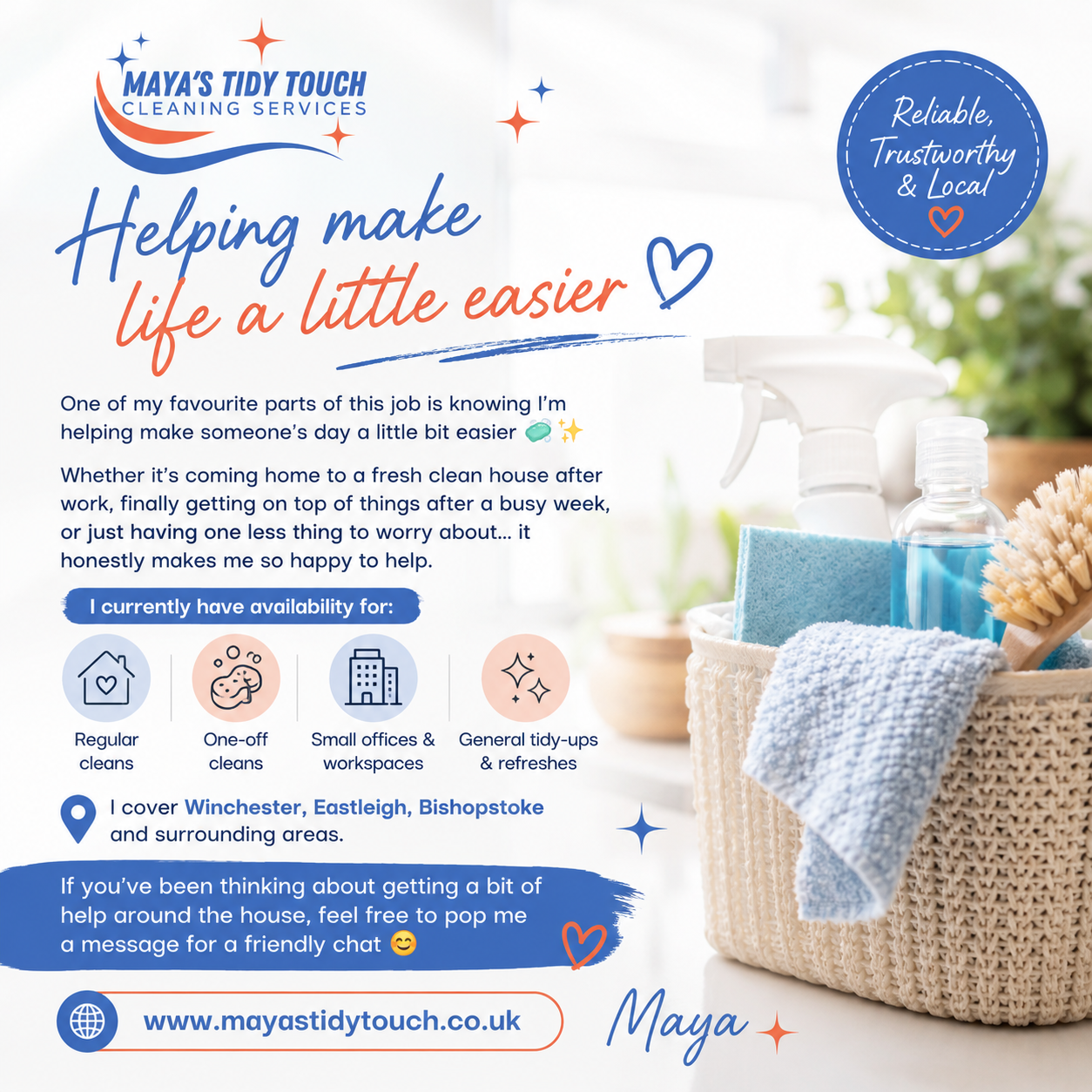 Flyer for Maya's Tidy Touch cleaning services, featuring a clean house with cleaning supplies in a basket, colorful stars, and text about cleaning services and availability in Winchester, Eastleigh, Bishopstoke, and surrounding areas.