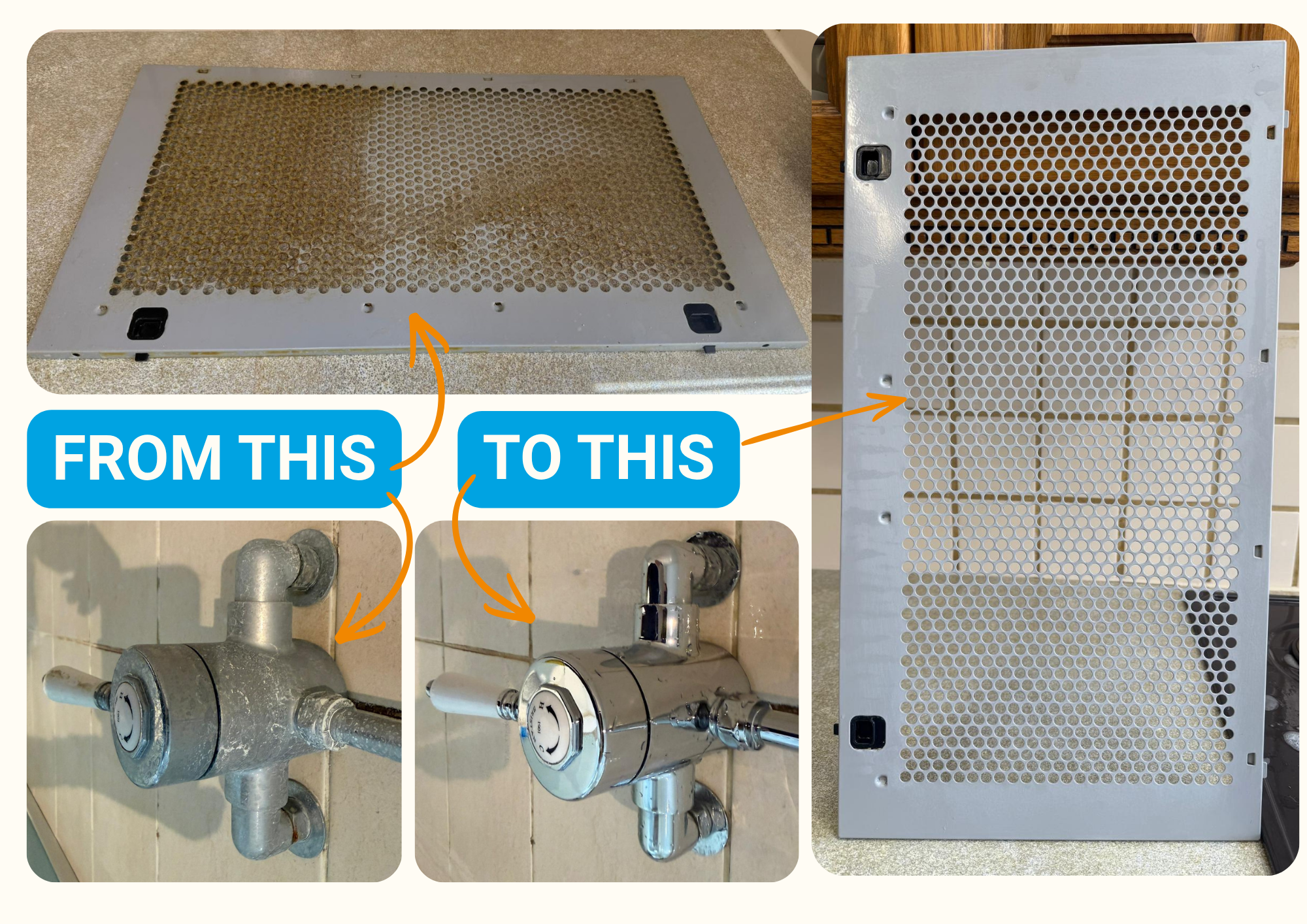 A comparison of a dirty, rusted metal vent cover on a beige carpeted floor before and a clean, new vent cover after installation, with orange arrows pointing from the old to the new cover.