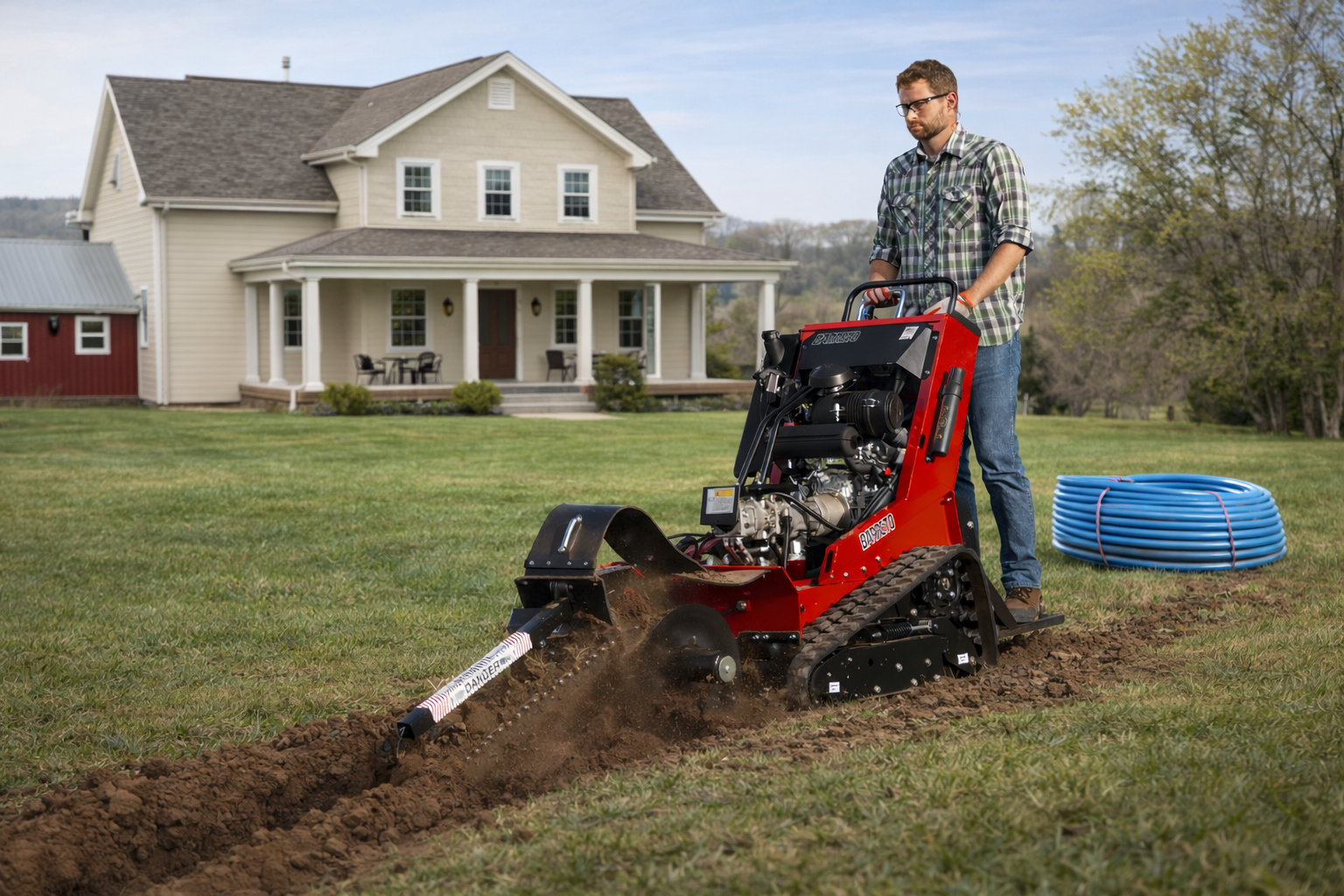 A man operating a red Baretto trenching machine on a grassy lawn in front of a house, with a coil of blue tubing nearby.
