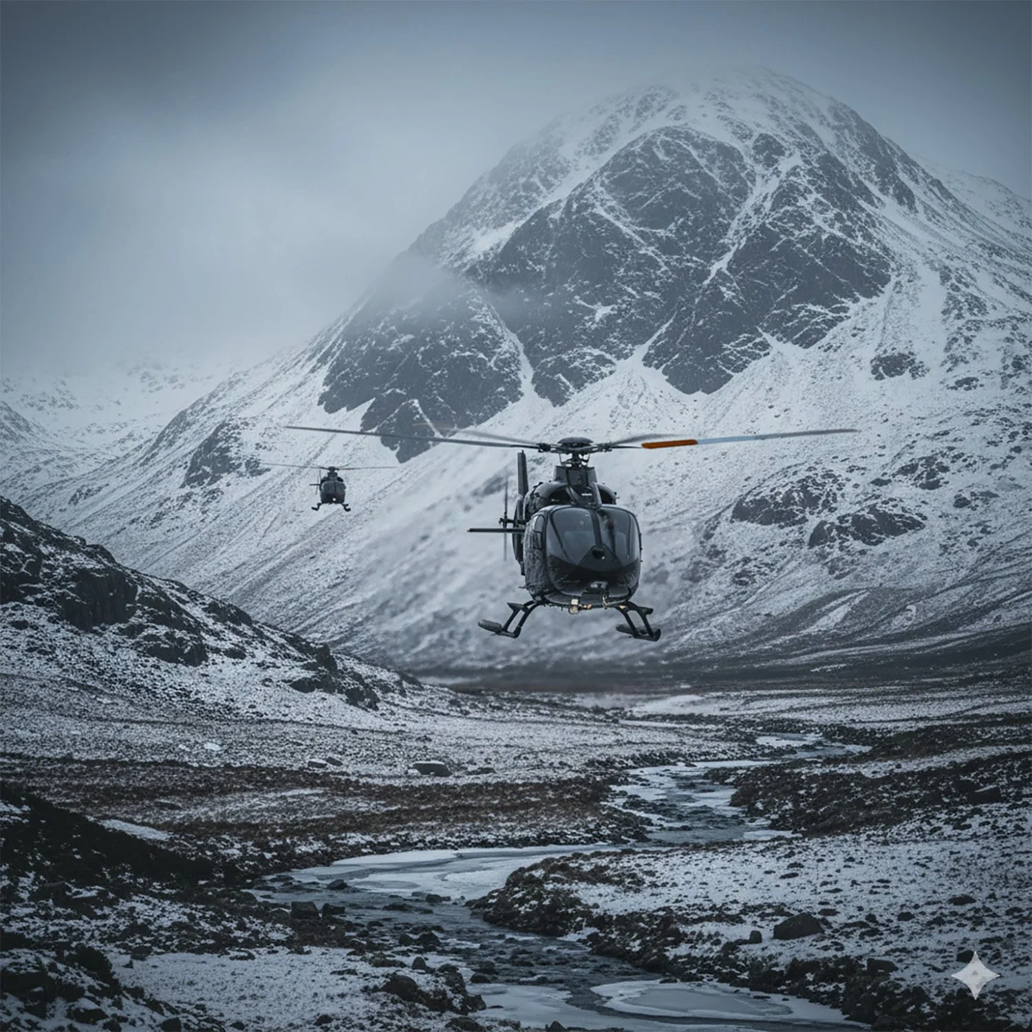 Two helicopters flying over a snow-covered mountainous landscape with a river running through the valley.