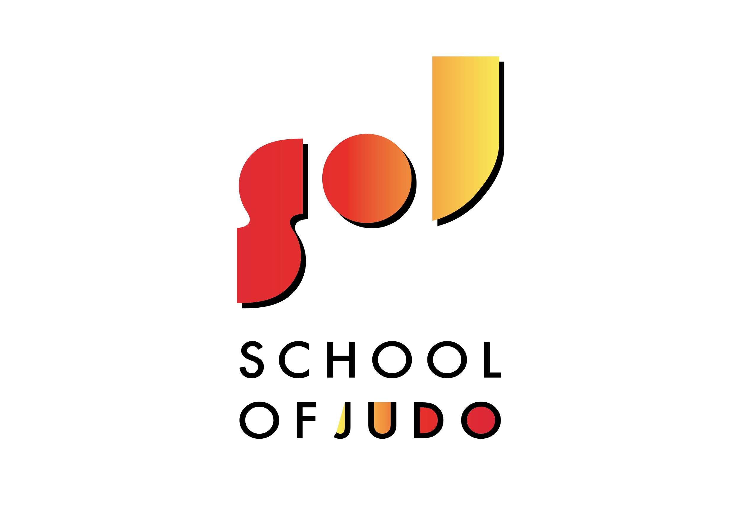 Logo for the School of Judo featuring stylized red, orange, and yellow shapes resembling a person in a martial arts stance, with the words 'School of Judo' beneath.