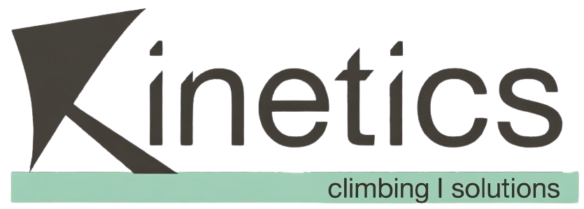 Close-up of a logo with the word 'Kinetics' and a tagline 'climbing solutions.'