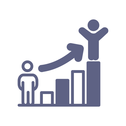 A bar graph with a person at the starting point, an upward arrow, and a figure at the top of a tall bar with arms raised, symbolizing growth or success.