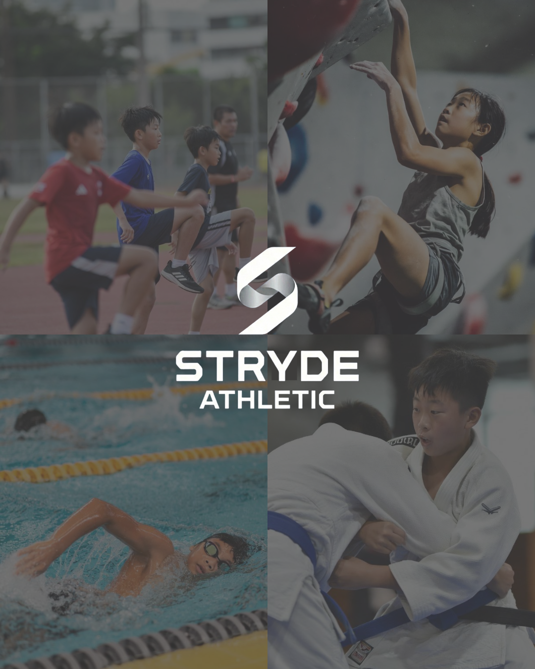 Collage of young athletes: children running on track, girl climbing indoor climbing wall, swimmer in pool, judo practitioners training.