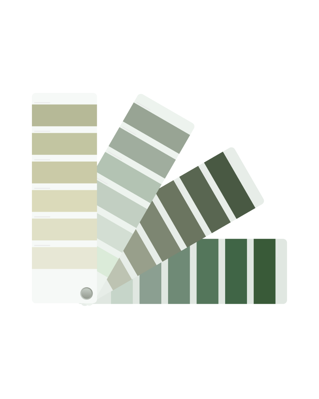 Color swatch fan showing various shades of green and gray.