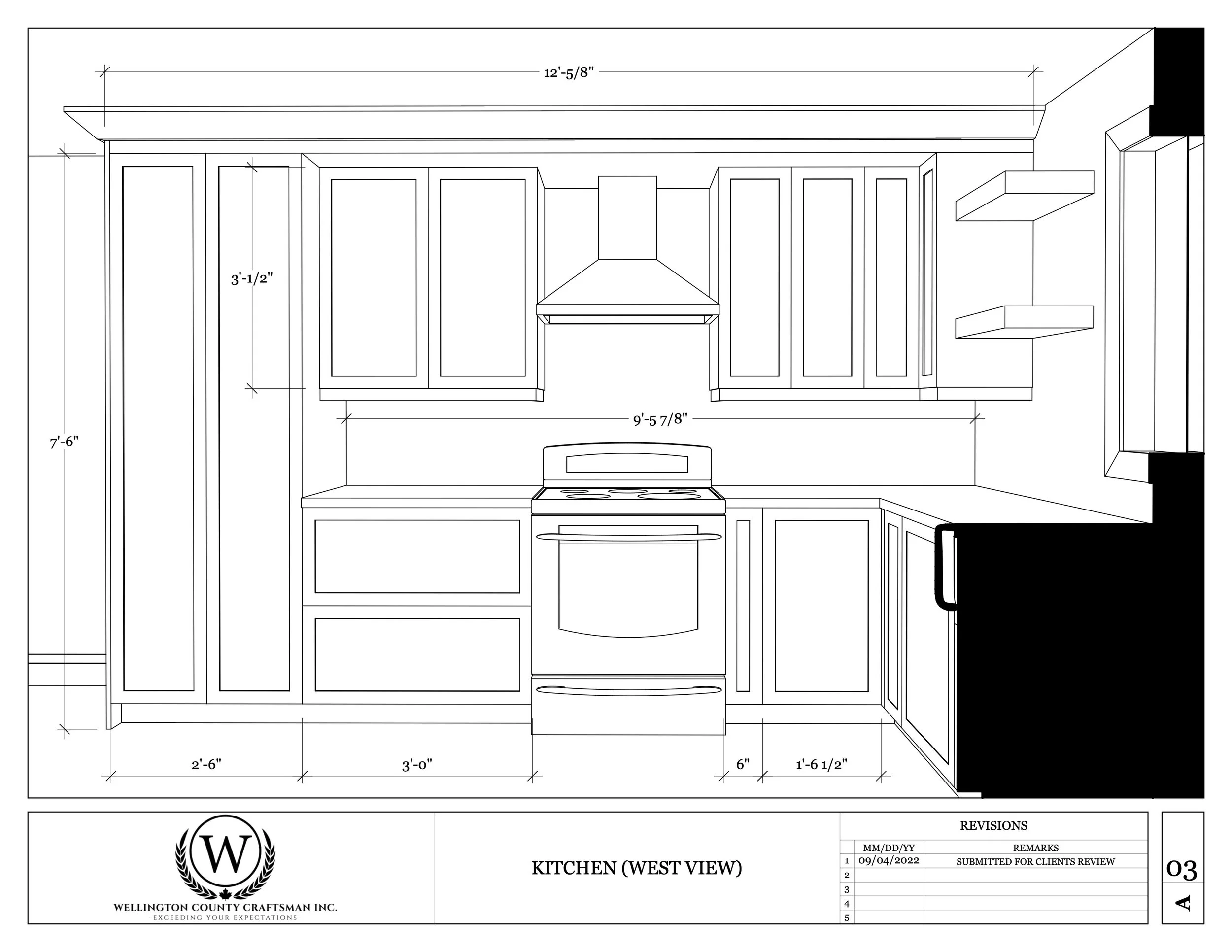 Architectural drawing of a kitchen west view with cabinets, stove, vent hood, and shelves including measurements.