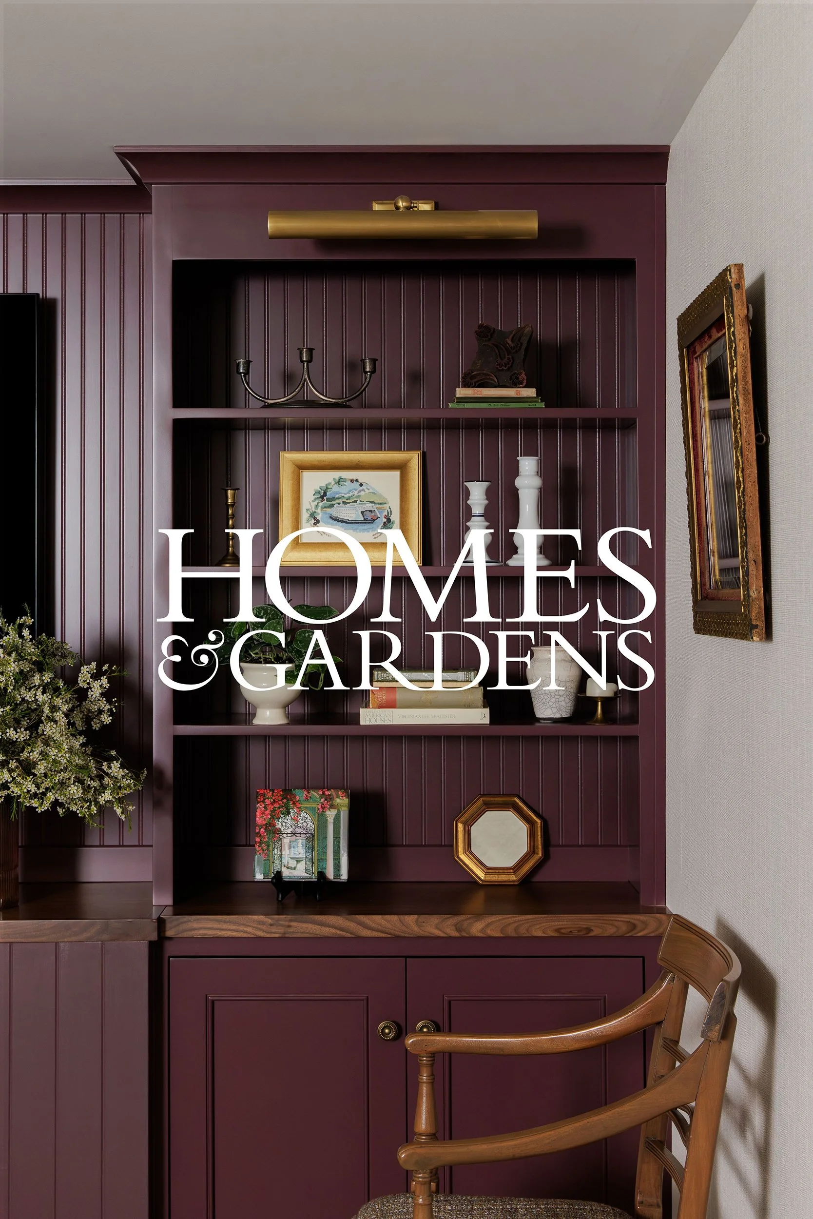 Homes & Gardens press feature preview with plum built-in cabinetry, decor, and a warm wood chair by Full Bloom Interior Design in Seattle.