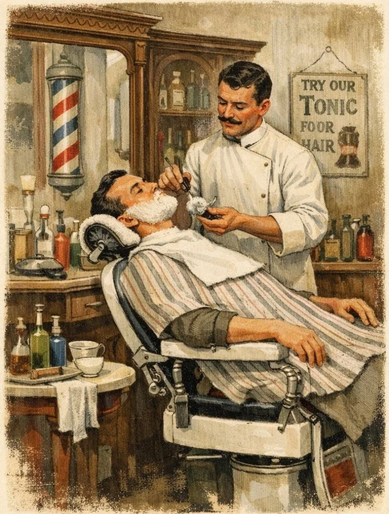 A vintage-style illustration of a barber trimming a man's beard in a barber shop, with various grooming products on a side table and shelves in the background.