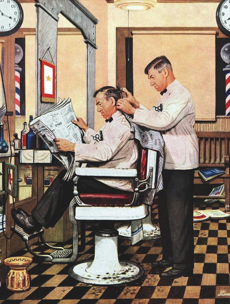 A man gets a haircut in a vintage barbershop, reading a newspaper while a barber trims his hair. The barbershop has striped barber poles, clocks, and various grooming tools.