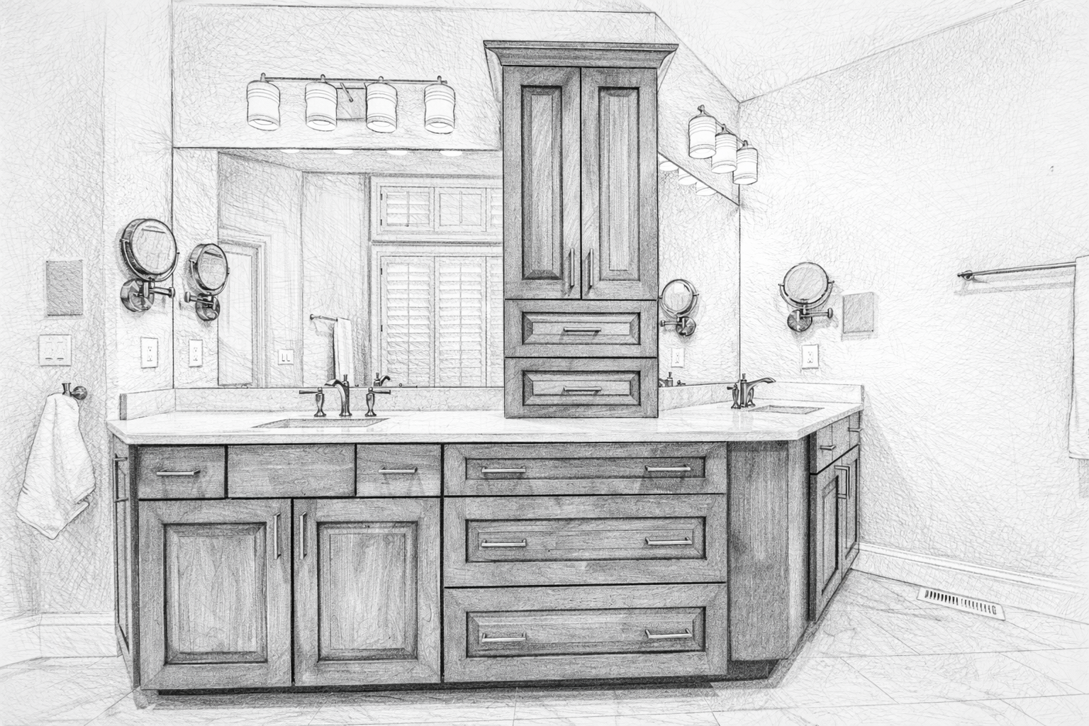 A bathroom with a large mirror, two sinks, wooden cabinets, and vanity lights.