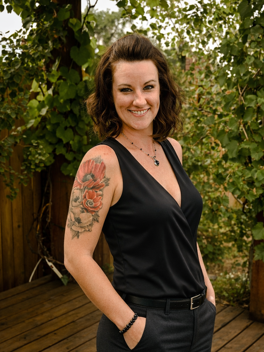 A woman with dark, wavy hair smiling outdoors, wearing a black sleeveless top, black pants, a necklace, a bracelet, and displaying a floral tattoo on her left arm, with greenery and a wooden fence in the background.