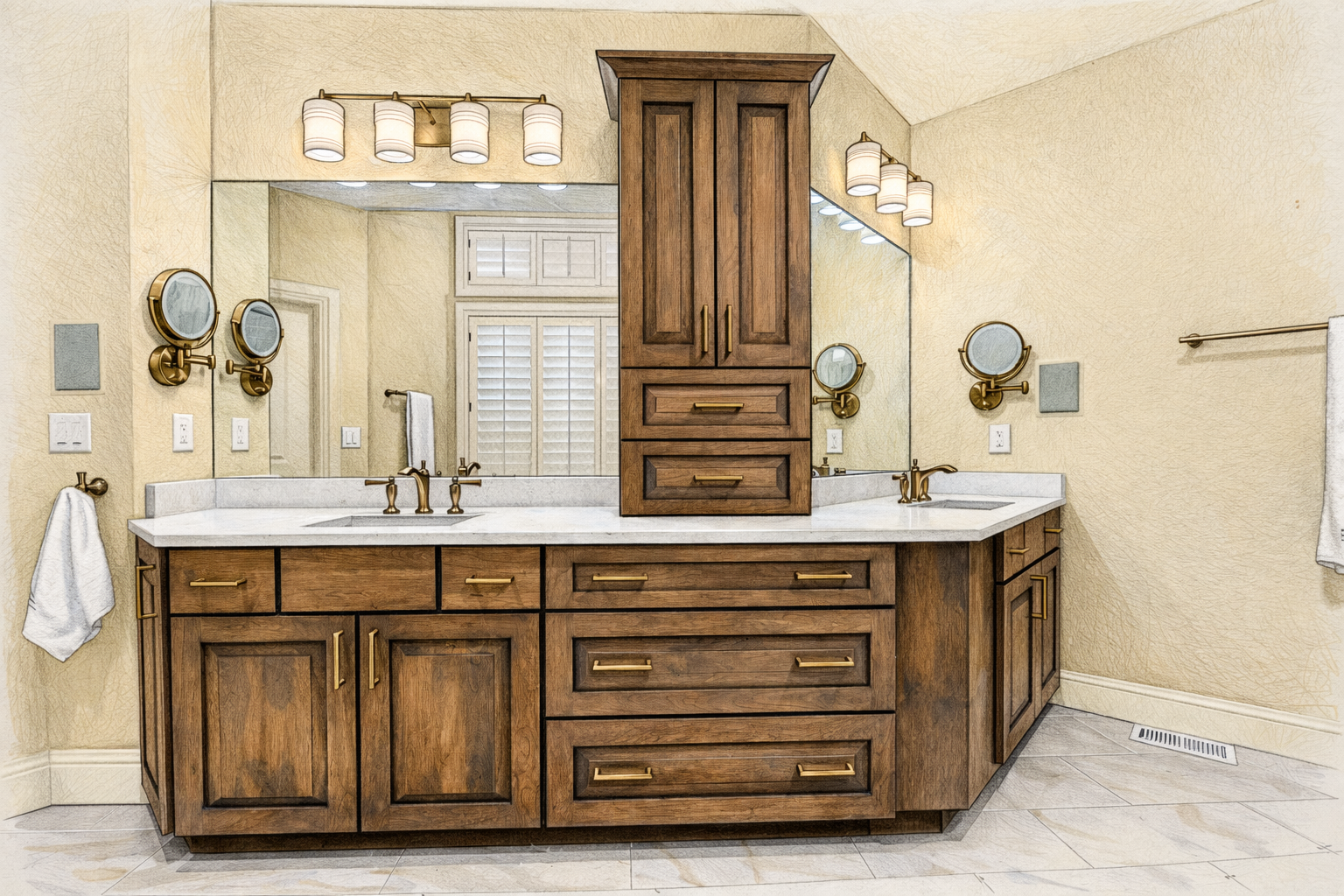 A bathroom with a large mirror, double sinks, wooden cabinets, and brass fixtures. Small round mirrors are mounted on the wall, and there are four light fixtures above the mirror. A window with white shutters is reflected in the mirror.