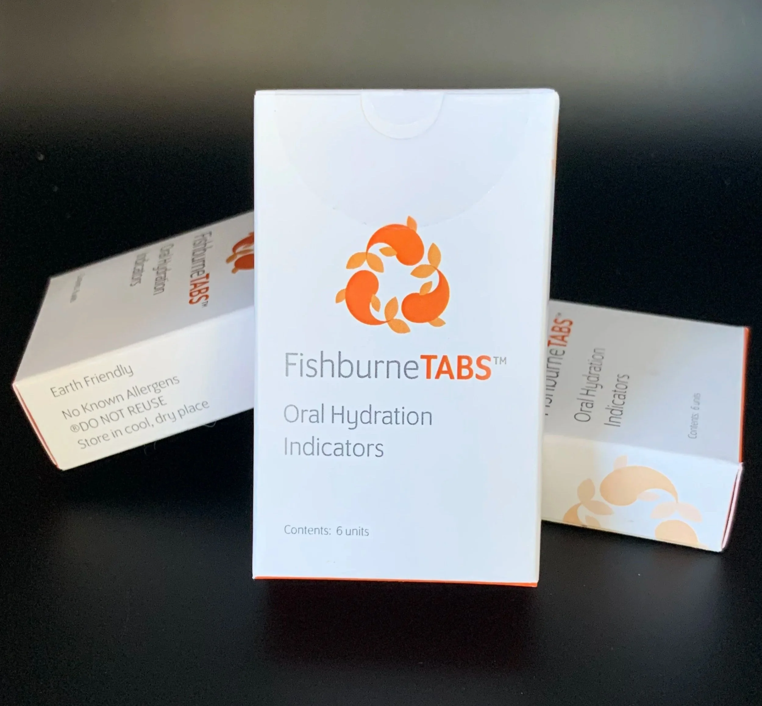 Box of FishburneTabs oral hydration indicators with logo on the front.
