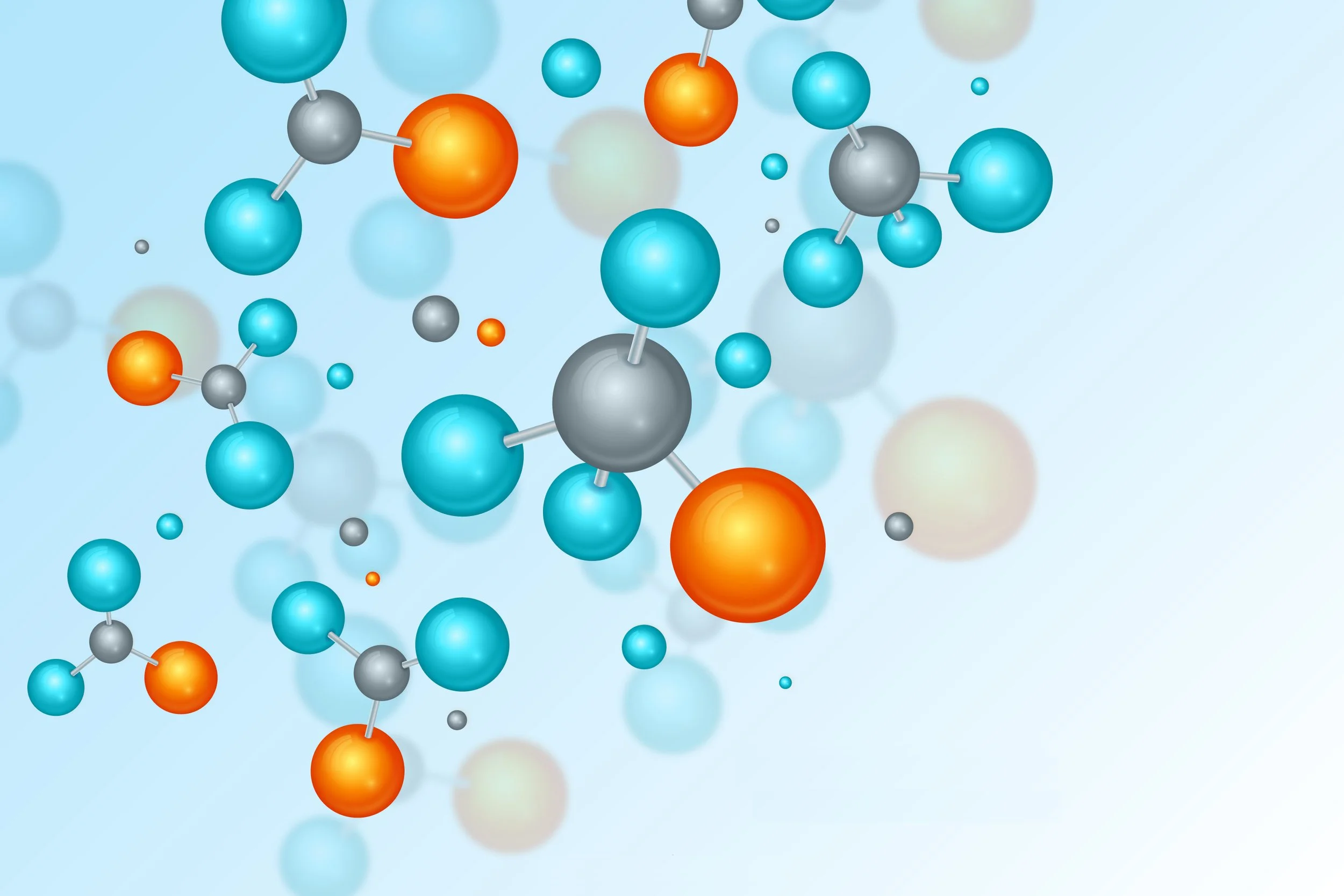 A digital illustration of various molecular structures with colorful spheres representing atoms connected by sticks representing bonds, set against a light blue background.