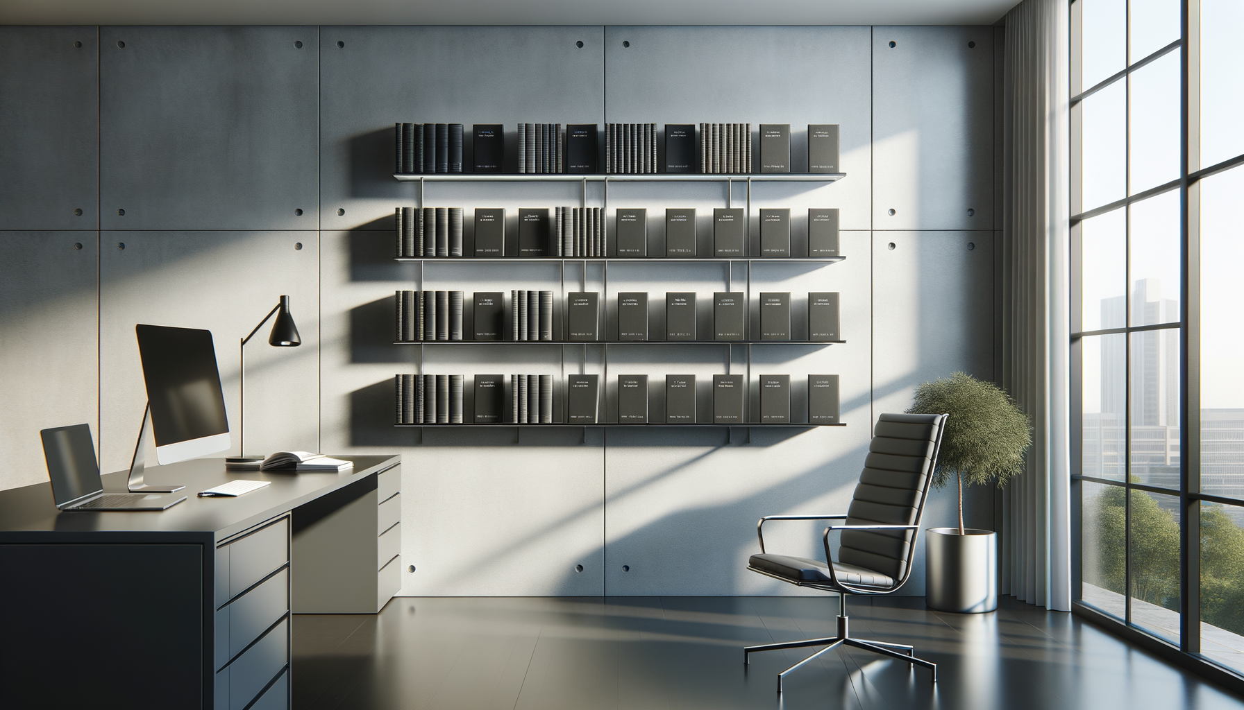 Modern office with gray walls, desk, an iMac, a laptop, and a desk lamp. Shelves with black books and binders, large window with city view, potted plant, leather office chair.