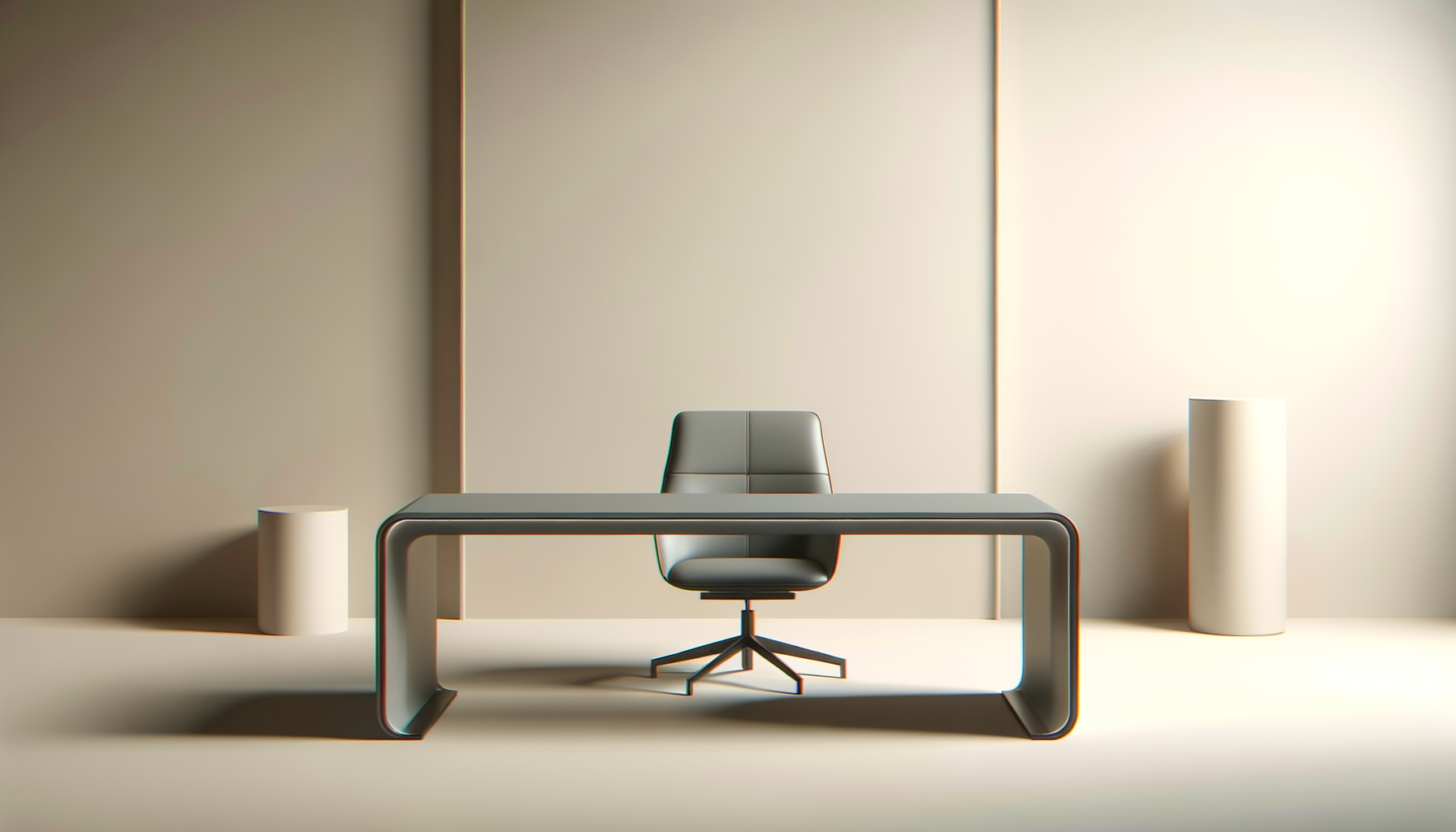 Modern office desk with a black swivel chair, two round white pedestals on each side, and a beige wall background.