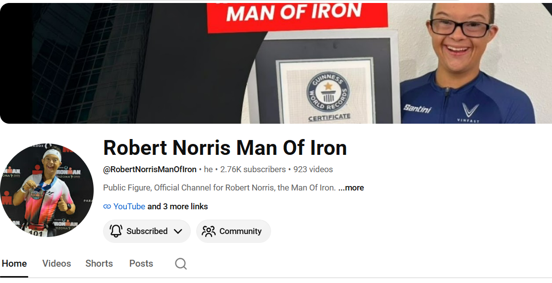 Screenshot of the Robert Norris, Man of Iron, YouTube Shorts channel showcasing endurance training, races, and motivational content.
