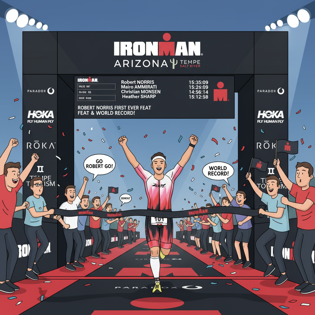 Illustration of a female athlete crossing the finish line at an Ironman event in Tempe, Arizona, celebrating with supporters around her. She appears happy and victorious, with their arms raised and cheering. Confetti is falling, and the digital scoreboard in the background displays her achievement.
