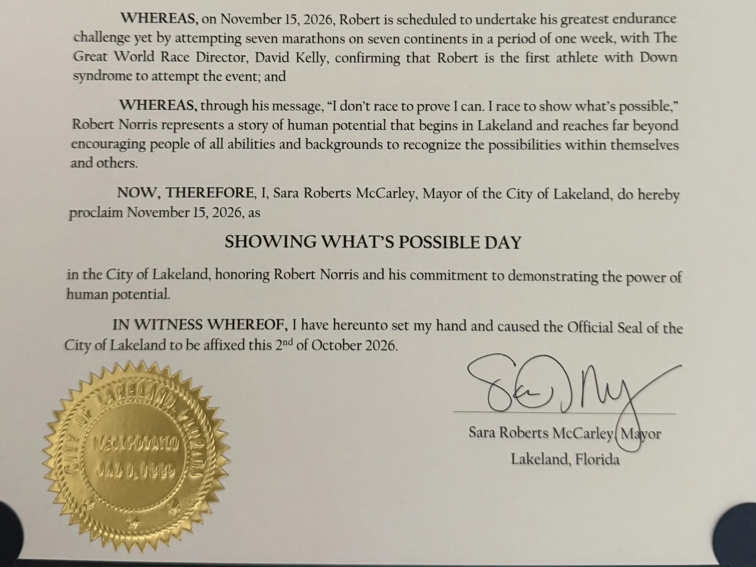 City of Lakeland proclamation honoring Robert Norris Man of Iron and declaring November 15, 2026, “Showing What’s Possible Day.”
