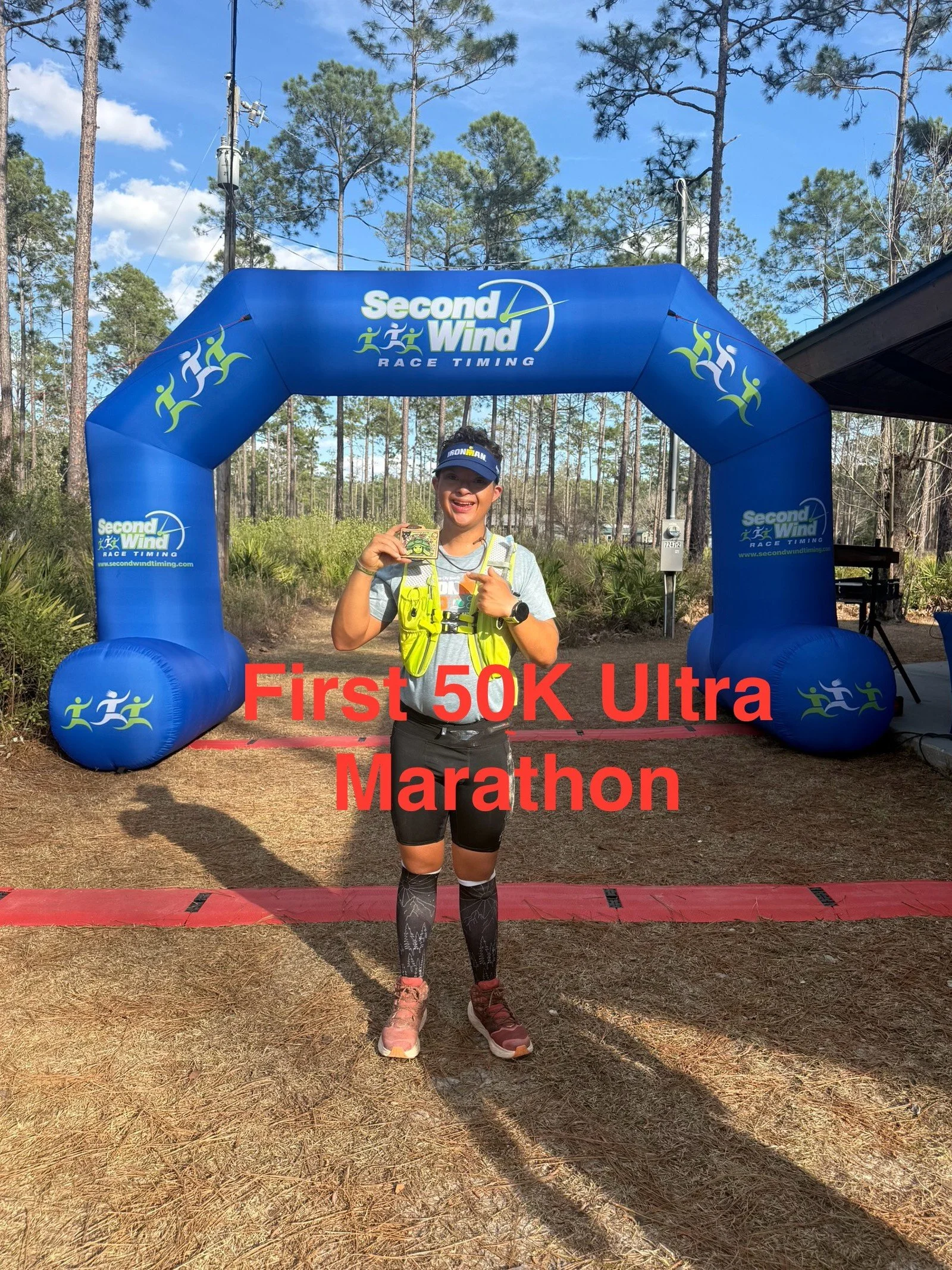 Robert Norris, Man of Iron, crossing the finish line at the Angry Tortoise 50K Trail Ultramarathon